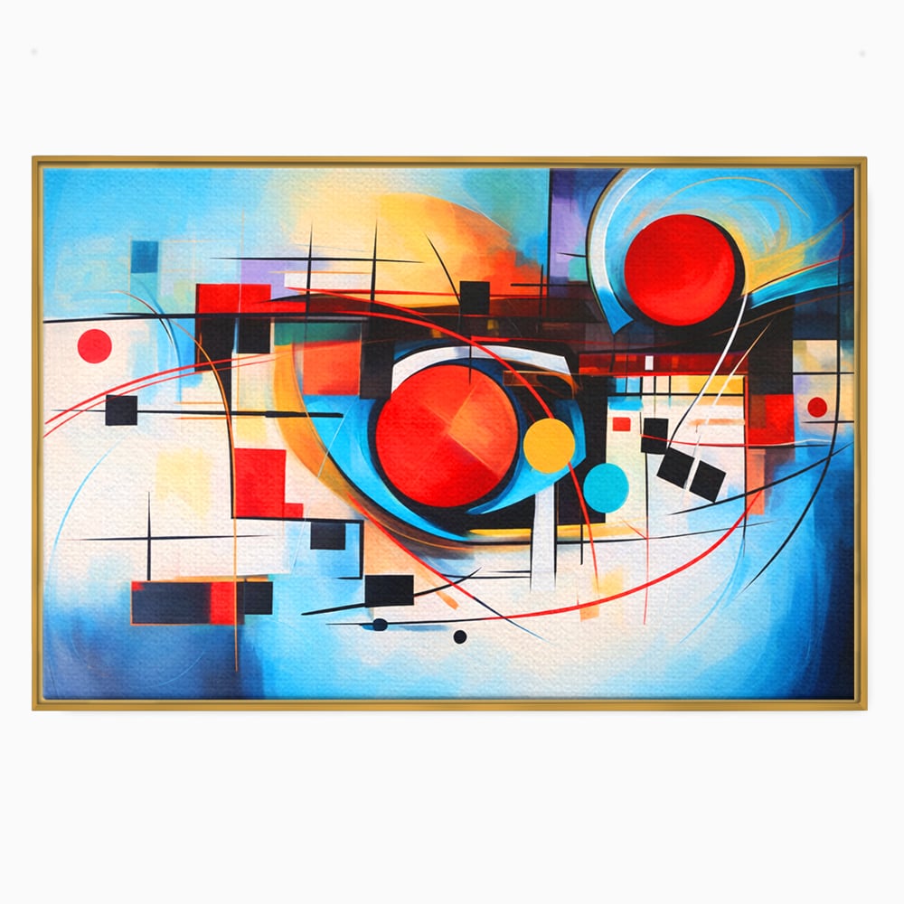 Tablou canvas cu pictura abstracta cu cercuri si linii, in rama de aluminiu auriu